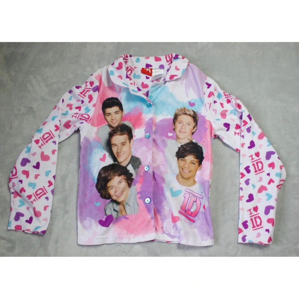 One Direction 1D White Pajama Top Fleece Button Up Heart All Over Print Sz 10/12